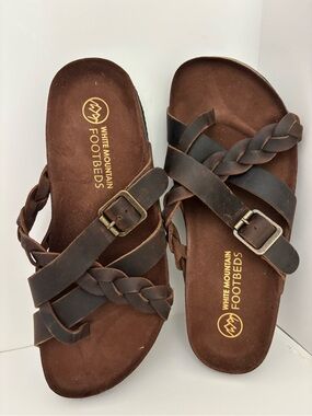 White Mountain Brown Braided Leather Slide Sandals